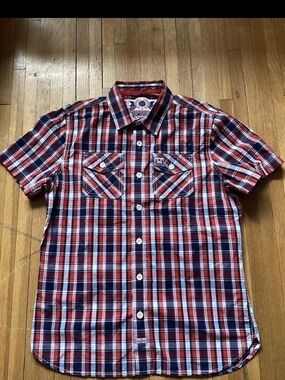 Superdry Men's XL Red/White Plaid Print Short-Sleeve Button Front Shirt,Cotton